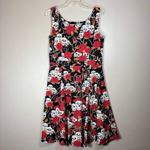 Orchid Bloom Skull and Rose Print Fit and Flare Dress Black Red Rockabilly US 12